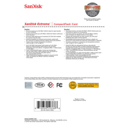 SanDisk 128GB Extreme Tarjeta de Memoria CompactFlash 120MB/s lectura 85MB/s escritura