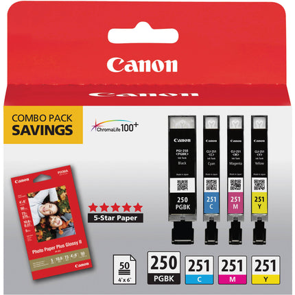 Canon PGI-250 CLI-251 Pack de 4 Cartuchos con Papel Fotográfico 50 Hojas 4x6" para Impresoras PIXMA