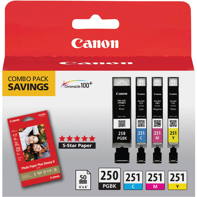 Canon PGI-250 CLI-251 Pack de 4 Cartuchos con Papel Fotográfico 50 Hojas 4x6" para Impresoras PIXMA