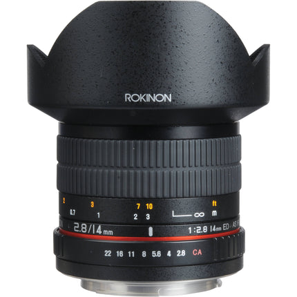 Rokinon 14mm f2.8 IF ED UMC Lente gran angular para Canon EF con parasol y funda