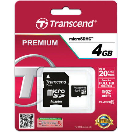 Transcend microSDHC 4GB Clase 10 60MBs Lectura Tarjeta con Adaptador SD
