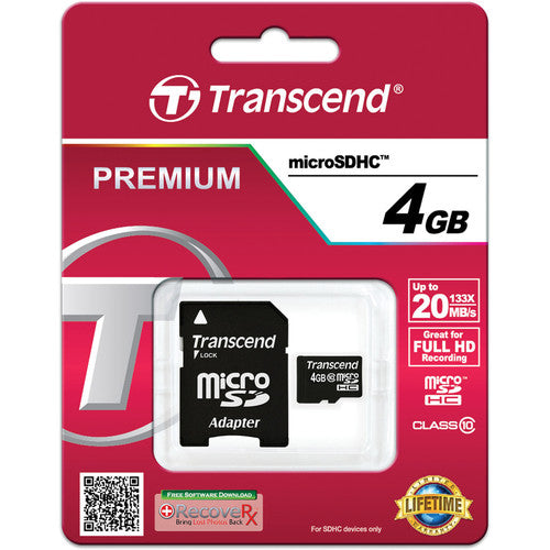 Transcend microSDHC 4GB Clase 10 60MBs Lectura Tarjeta con Adaptador SD