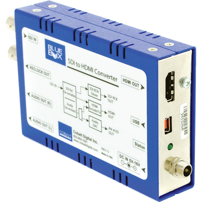 Cobalt Blue Box Group Convertidor SDI a HDMI con Reclocked Loop-Through y Audio Analógico
