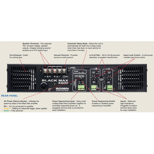 Bogen X600 Black Max Amplificador de Potencia Rackmount 600W por Canal 70V