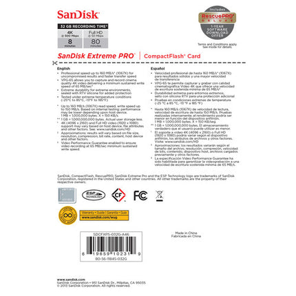 SanDisk 32GB Extreme Pro Tarjeta de Memoria CompactFlash 160MB/s 150MB/s Escritura