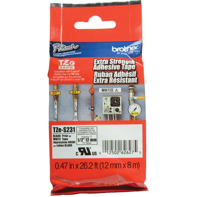 Brother TZeS231 Cinta para Etiquetas Adhesivo Extra Fuerte 12mm x 8m Negro sobre Blanco