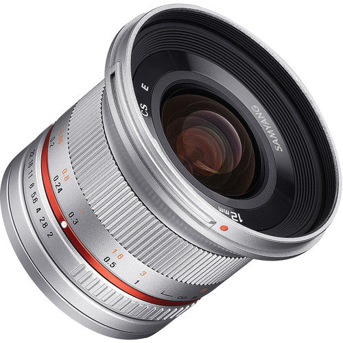 Samyang 12mm f2.0 NCS CS Lente para Fujifilm X-Mount Plata con Parasol