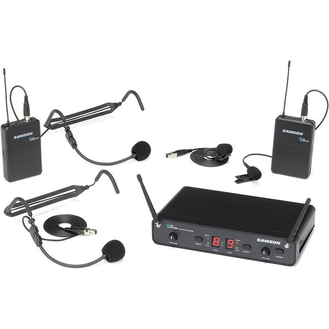Samson Concert 288 Sistema inalámbrico doble canal con 2 micrófonos headset y 2 lavalier 300 pies alcance 16 frecuencias