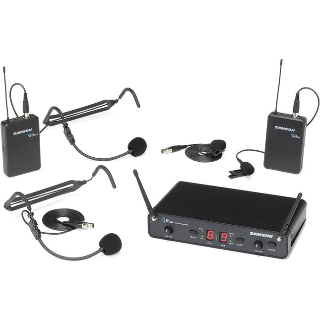 Samson Concert 288 Sistema inalámbrico de micrófonos para presentación dúo con 2 Headset y 2 Lavalier 300 pies alcance