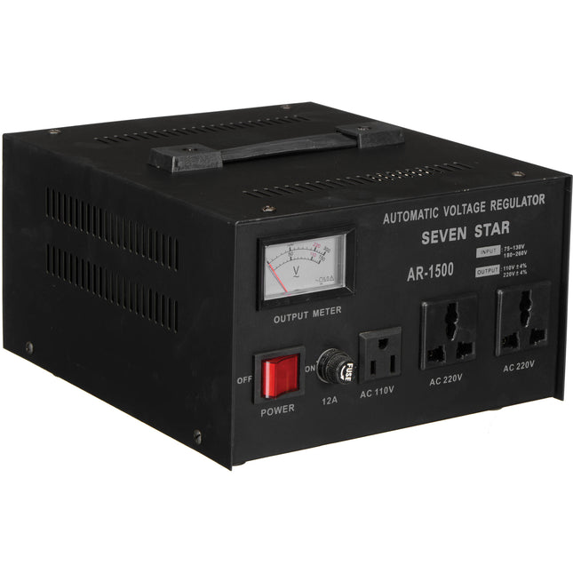 Sevenstar AR-1500 Regulador de Voltaje Automático 1500W 110V a 240V con Adaptador Plana