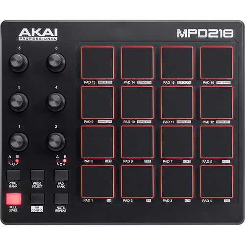 Akai Professional MPD218 Controlador de Pads USB 16 Pads Retroiluminados 6 Potenciómetros