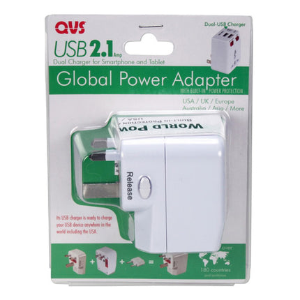 QVS International Adaptador de Corriente Kit 3 en 1 con 2 Puertos USB Blanco