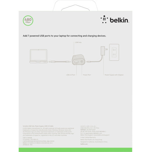 Belkin F4U041TT Hub USB de Escritorio Ultra Delgado 7 Puertos 480 Mb/s Adaptador AC