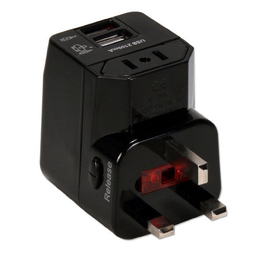 QVS International Adaptador de Corriente Kit 3 en 1 Negro 2 Puertos USB Protección Sobretensión
