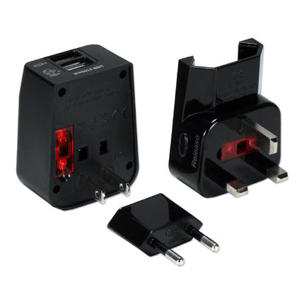 QVS International Adaptador de Corriente Kit 3 en 1 Negro 2 Puertos USB Protección Sobretensión