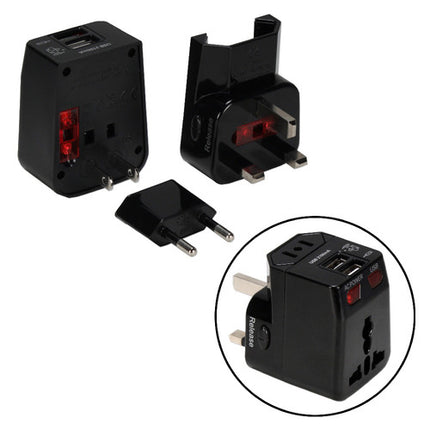 QVS International Adaptador de Corriente Kit 3 en 1 Negro 2 Puertos USB Protección Sobretensión