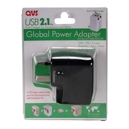 QVS International Adaptador de Corriente Kit 3 en 1 Negro 2 Puertos USB Protección Sobretensión