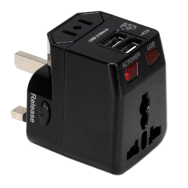 QVS International Adaptador de Corriente Kit 3 en 1 Negro 2 Puertos USB Protección Sobretensión