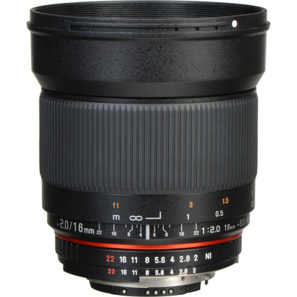 Rokinon 16mm f2.0 ED AS UMC CS Lente para Nikon F Montura APS-C 24mm Equivalente Hood Pouch