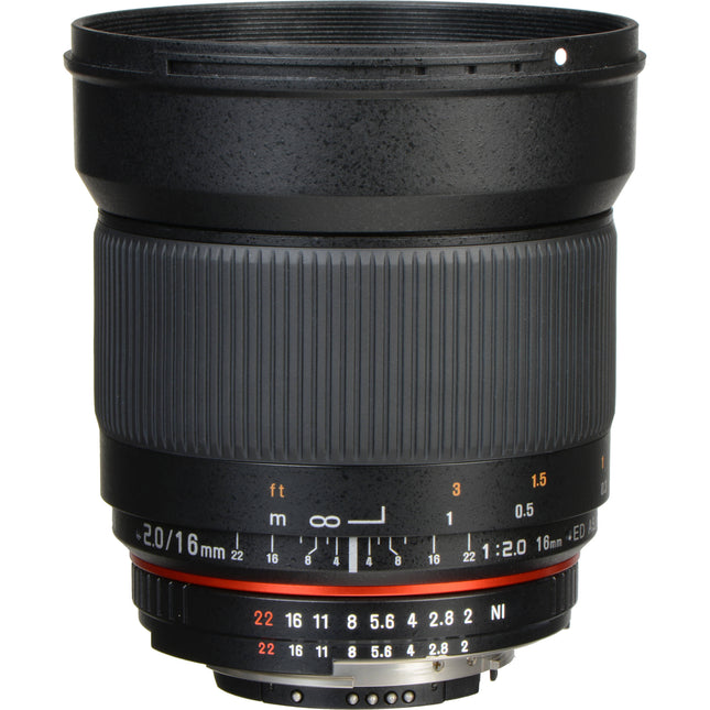 Rokinon 16mm f2.0 ED AS UMC CS Lente para Nikon F Montura APS-C 24mm Equivalente Hood Pouch