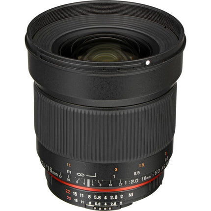 Rokinon 16mm f2.0 ED AS UMC CS Lente para Nikon F Montura APS-C 24mm Equivalente Hood Pouch