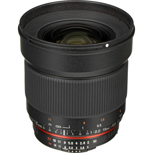 Rokinon 16mm f2.0 ED AS UMC CS Lente para Nikon F Montura APS-C 24mm Equivalente Hood Pouch