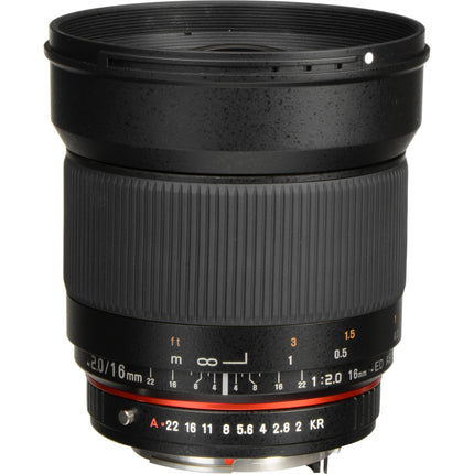 Rokinon 16mm f2.0 ED AS UMC Lente para Pentax K Montura APS-C con Parasol y Funda