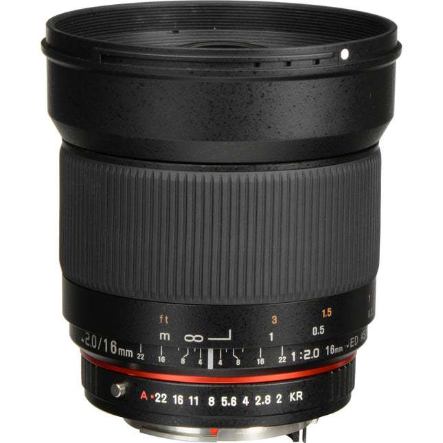 Rokinon 16mm f2.0 ED AS UMC Lente para Pentax K Montura APS-C con Parasol y Funda
