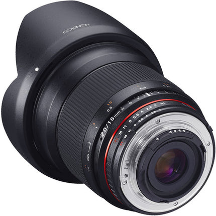 Rokinon 16mm f2.0 ED AS UMC CS Lente para Nikon F Montura APS-C 24mm Equivalente Hood Pouch