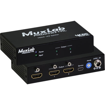 MuxLab 1x2 Divisor HDMI 4K UHD con gestión EDID y bloqueo para cables