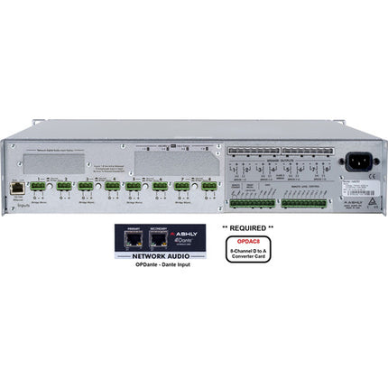 Amplificador de potencia Ashly 8 canales 2000W con tarjetas OPDAC8 y OPDante Low-Z garantía 5 años