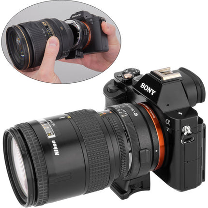 Vello Adaptador Nikon F a Sony E-Mount con Anillo de Apertura y Pie de Trípode