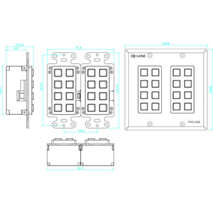 TV One North American Panel de Control Montaje Mural 2-Gang con RJ45 y 2 Botones Retroiluminados