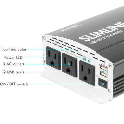 WAGAN SlimLine Inversor de Potencia 1500W 12 VDC a 115 VAC con 3 Salidas AC y 2 Puertos USB
