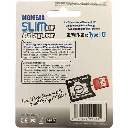 DigiGear Slim Adaptador de tarjeta SD a CompactFlash Tipo 1 soporte 2TB Wi-Fi