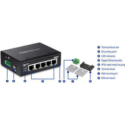 TRENDnet TI-G50 Switch Industrial Gigabit 5 Puertos 10 Gbps DIN-Rail