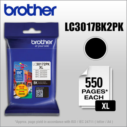 Brother LC3017BK Cartucho Tinta Negro XL Alto Rendimiento 2-Pack para Impresoras MFC-J5330DW MFC-J6530DW MFC-J6930DW