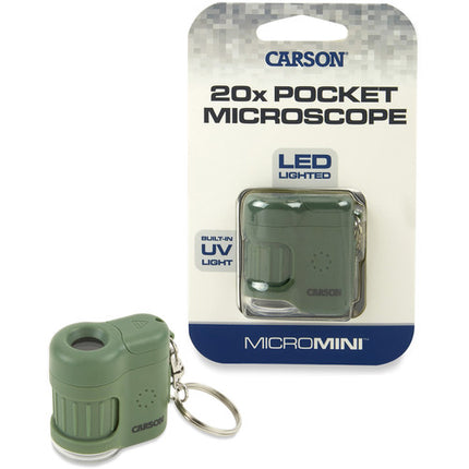 Carson MicroMini 20x Microscopio de Bolsillo Verde con Leds y Llavero