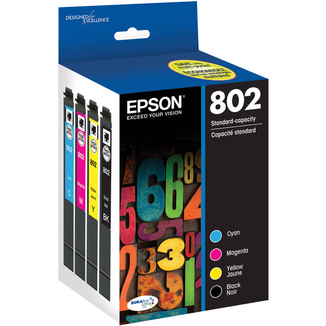 Cartuchos de tinta Epson 802 DURABrite Ultra capacidad estándar para WF-4720 WF-4730 WF-4734 y WF-4740 650 páginas color 900 páginas negro