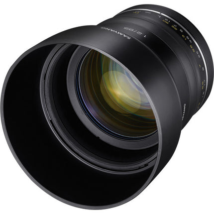 Samyang XP 85mm f 1.2 objetivo para Canon EF apertura f 1.2 a f 16 con parasol y tapas