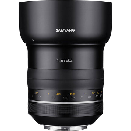 Samyang XP 85mm f 1.2 objetivo para Canon EF apertura f 1.2 a f 16 con parasol y tapas