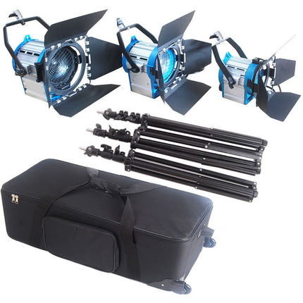 CAME-TV Kit de Iluminación Studio 3 Fresnel Tungsteno 300W 650W 1000W y Trípodes 11'