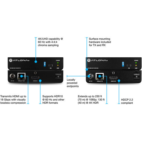 Atlona 4K HDR Transmisor y Receptor HDMI HDBaseT Kit 18 Gb/s 130 ft
