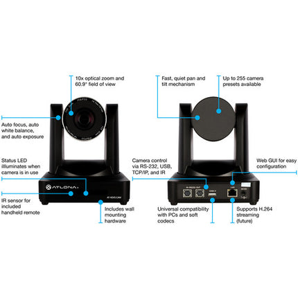 Atlona AT-HDVS-CAM Cámara PTZ USB 10x Zoom 1080p Kit Extensor 330'