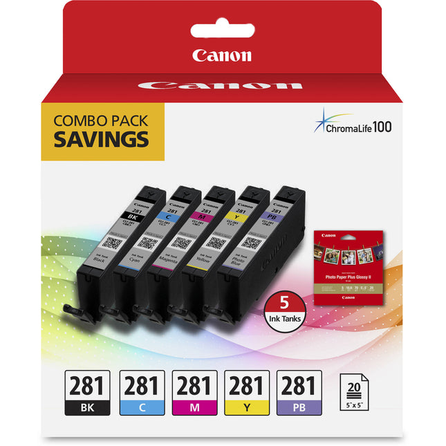 Canon CLI-281 Pack de Tintas 5 Colores 5.6mL y Papel Fotográfico 5x5"