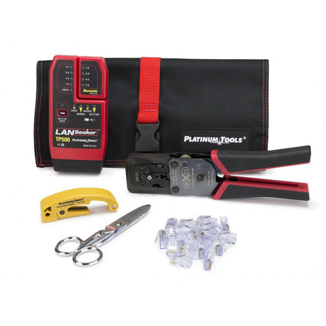 Platinum Tools EXO ezEX-RJ45 Kit de Terminación y Prueba con 30 conectores y Tester LANSeeker