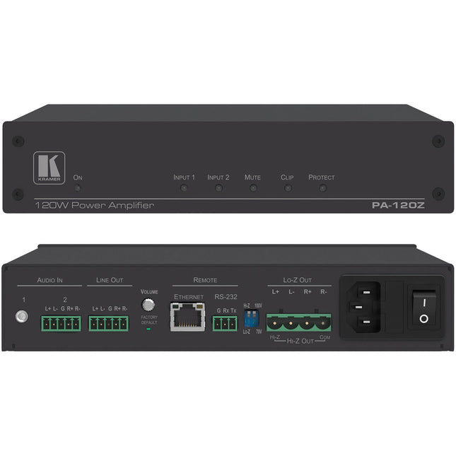 Kramer PA-120Z Amplificador de Potencia 120W 70V 2x60W 4Ohms con Cable y Soportes