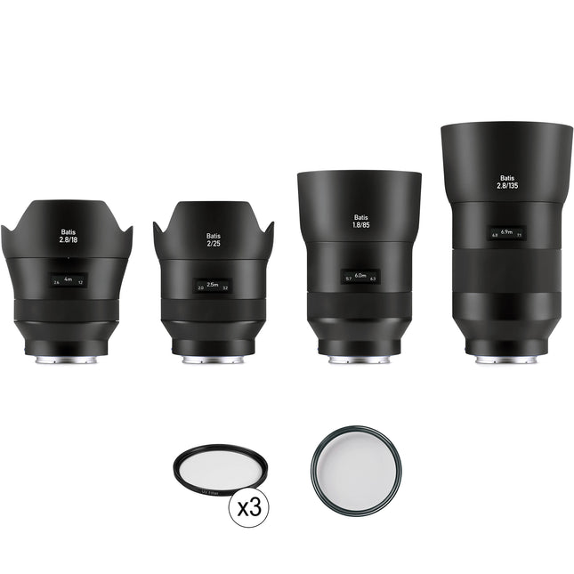 ZEISS Batis Kit de 4 Lentes 18mm 25mm 85mm 135mm con Filtros UV T* Sony E