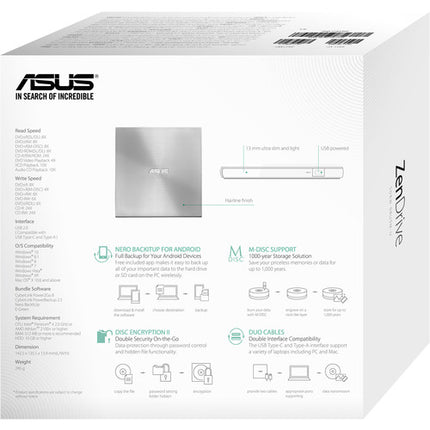 ASUS ZenDrive U9M Grabadora DVD Externa Plata Ultra Slim 13mm 8x 24x