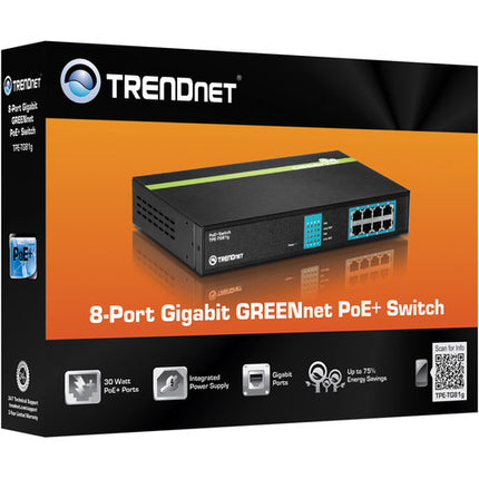 TRENDnet TPE-TG81G Switch Gigabit PoE+ 8 Puertos 30W 16 Gb/s